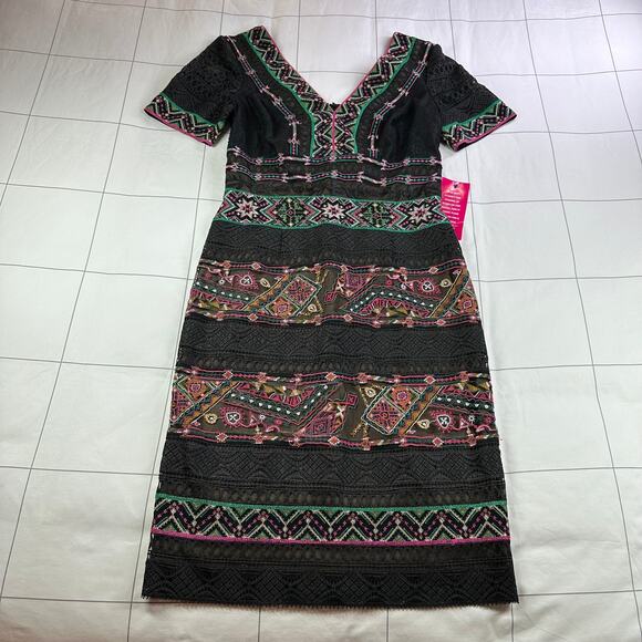 Tadashi Shoji Dress Womens 6 Black Merce Embroidered Sheath Lace Cocktail Party - Picture 2 of 11